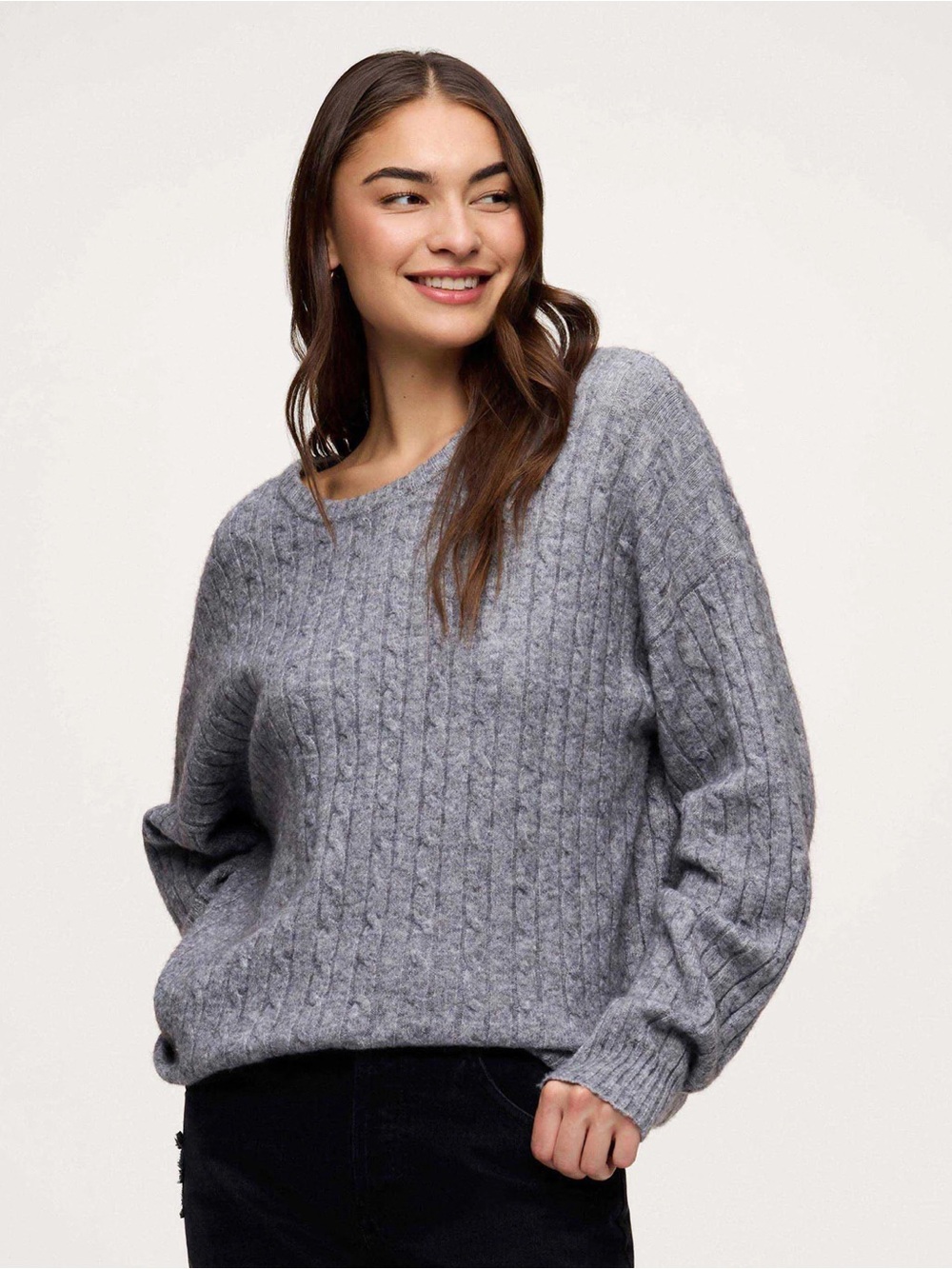 nuuds Cozy Knit Charcoal Cable-Knit Crewneck Sweater